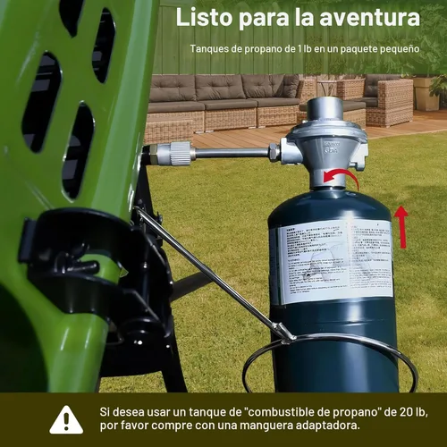 Miniatura 7 de Parrilla de gas portátil Brand-Man, parrilla de propano con soporte vertical y carro plegable y encendido de botón, ideal para camping, portón Verde