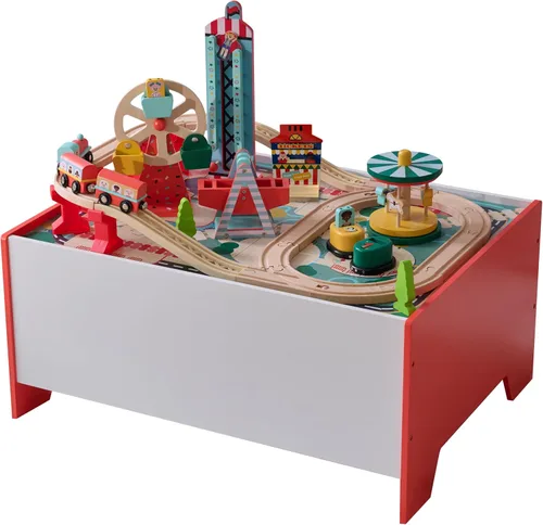 Miniatura 12 de Teamson Kids Juego de mesa de tren con 85 piezas, mesa de actividades de laboratorio de juego preescolar con trenes de madera, coches, ferrocarril