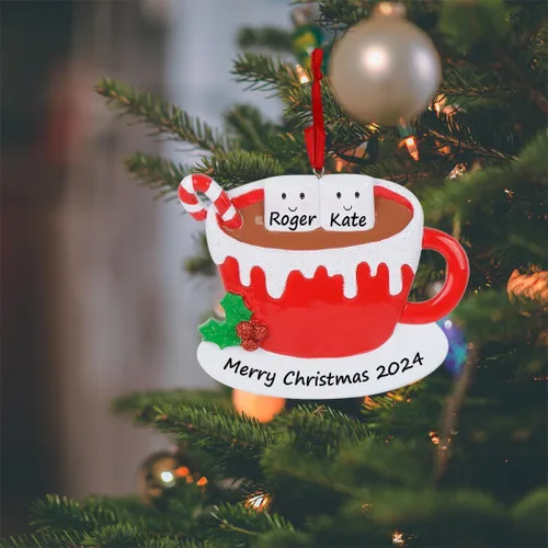 Miniatura 2 de Taza de malvavisco de chocolate caliente para pareja, adorno para árbol de Navidad 2025, adorno de Navidad personalizado para familia de 2, regalo