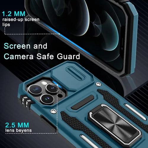 Miniatura 303 de DEERLAMN Funda para iPhone Xs Max con funda deslizante para cámara + protector de pantalla, soporte giratorio de anillo de grado militar a prueba
