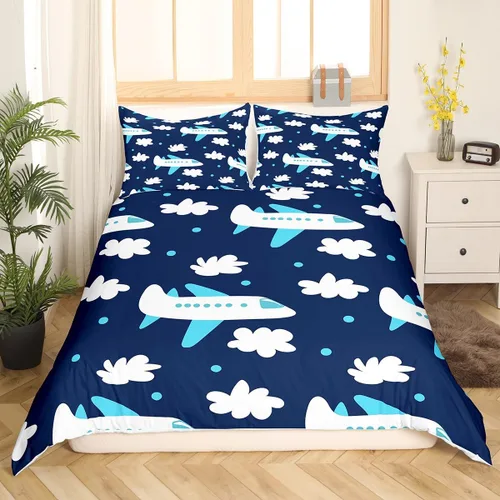 Miniatura 13 de Erosebridal Funda de edredón de avión tamaño individual, juego de ropa de cama de aviones de dibujos animados para adolescentes, color verde azulado