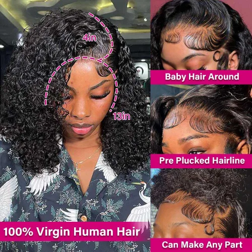 Miniatura 2 de UCUVIC Peluca Bob rizada de cabello humano 13x4, peluca de encaje frontal de alta definición, peluca frontal recta de 180% de densidad, para mujeres