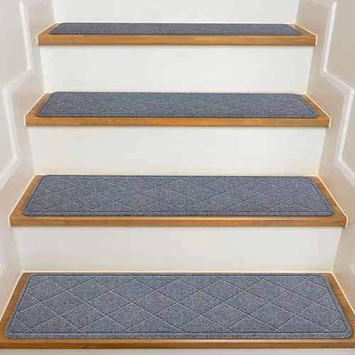 Miniatura 9 de Peldaños de escalera para escalones de madera interior, paquete de 15 unidades de 8 x 30 pulgadas, alfombra antideslizante con adhesivo reutilizable
