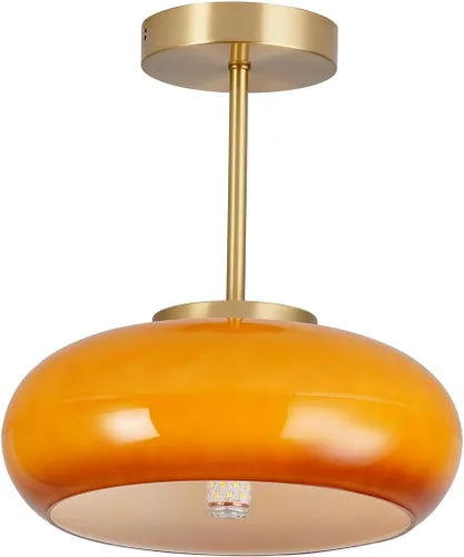 Lámpara de techo semiempotrada de cristal, moderna cerca del techo, pantalla de cristal de cúpula naranja de 11 pulgadas, lámpara de techo dorada