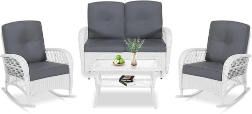 Miniatura 34 de VIVIJASON Silla mecedora de mimbre para exteriores, 2 piezas, sillas mecedoras de ratán para patio con cojines y marco de acero, muebles de mimbre