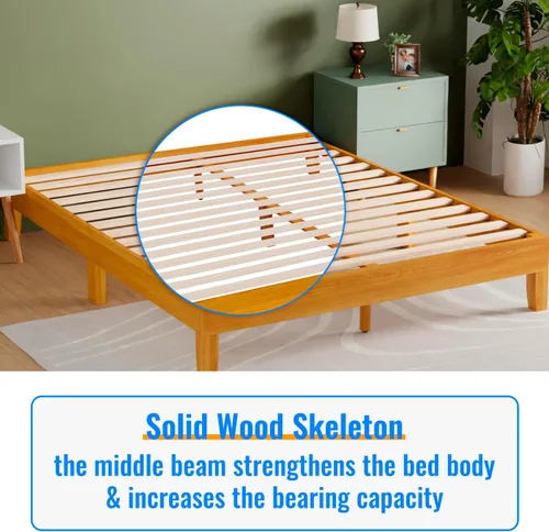 Miniatura 4 de PayLessHere Marco de cama de madera con plataforma tamaño Queen, sin cabecero, no necesita somier, listones de madera, soporte sin ruido, fácil