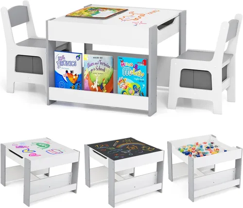 Miniatura 8 de KOTEK Juego de mesa y 2 sillas de madera para niños con pizarra y cajones de almacenamiento, mesa de actividades múltiples para niños para aprender