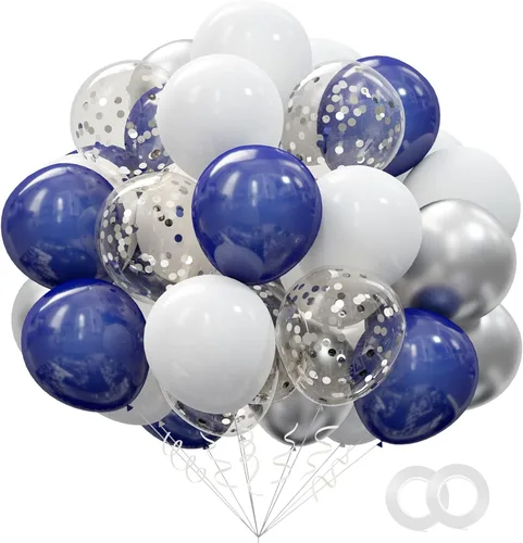 Miniatura 12 de OuMuaMua Kit de 62 globos de confeti azul, plateado y blanco, globos blancos de 12 pulgadas, globos plateados metálicos, globos de confeti plateado