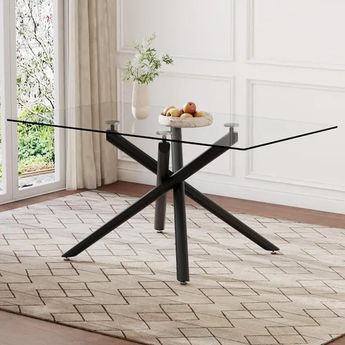 Miniatura 2 de Mesa de comedor rectangular de cristal minimalista grande y moderna para 6 y 8 pulgadas con mesa de vidrio templado de 0.39 pulgadas y patas