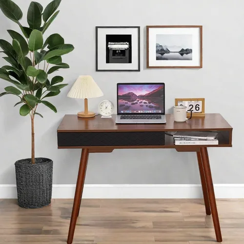 Miniatura 7 de GarveeHome Escritorio de escritorio de oficina en casa de mediados de siglo de 42 pulgadas, escritorio moderno y simple para computadora con cajón