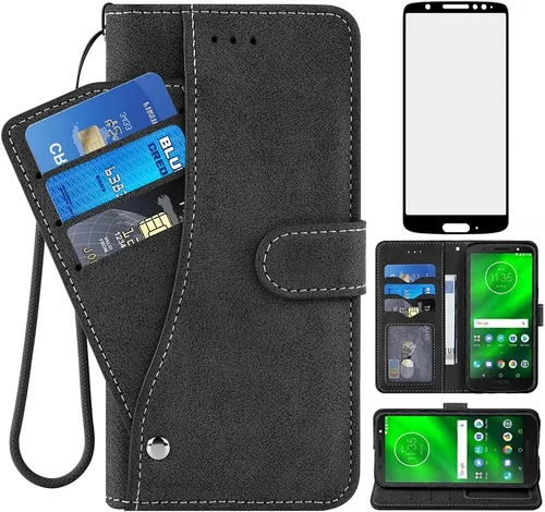 Asuwish Compatible con Moto G6 Funda tipo cartera y protector de pantalla de vidrio templado con tapa abatible para Motorola MotoG6 G 6ª generación