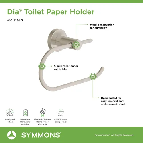 Miniatura 5 de Symmons 353TP-STN - Portarrollos de papel higiénico para montaje en pared en níquel satinado