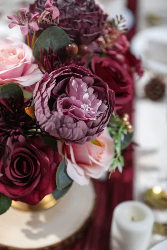 Miniatura 5 de Serwalin Flores artificiales de color borgoña, rosas artificiales de seda rosas en color rosa falso para ramos de boda, centros de mesa y arreglos