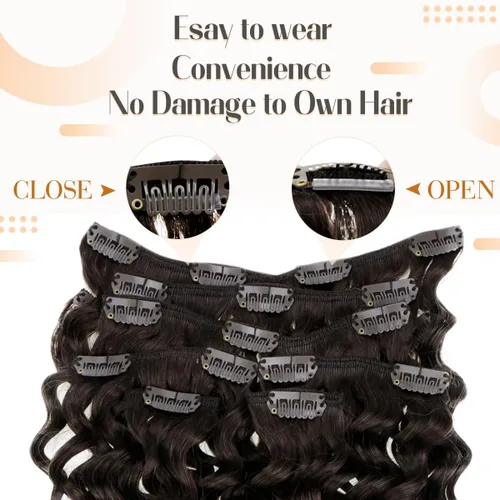 Miniatura 5 de Hetto - Extensiones de cabello humano onduladas con clip, color #2 castaño oscuro, extensiones de cabello humano natural para cabeza completa