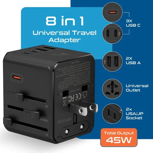 Miniatura 3 de Ceptics Adaptador de viaje universal 8 en 1 para la UE, Reino Unido, EE. UU., AU y más, adaptador de viaje mundial, 2X enchufe de EE. UU., enchufe