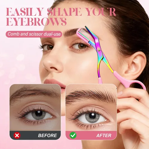 Miniatura 3 de Tijeras de corte de cejas, cortador de precisión de acero inoxidable, maquillaje de depilación, tijeras profesionales 2 en 1 con peine, herramienta