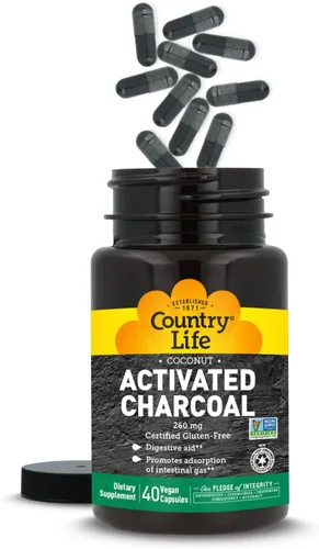 Miniatura 9 de Country Life Cápsulas de carbón activado de coco, 260 mg – Suplemento de carbón natural para aliviar los gases y la hinchazón – Sin gluten, 40