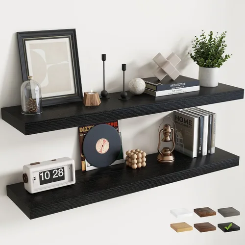 Miniatura 17 de Estantes flotantes para pared con soportes invisibles, estantes de madera de ingeniería montados en la pared con grano de madera para sala de estar