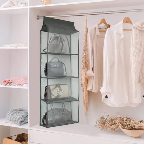 Miniatura 5 de Soporte para bolso de armario, bolso colgante que ahorra espacio, organizador de bolsa con 4 estantes grandes de malla resistente para armario