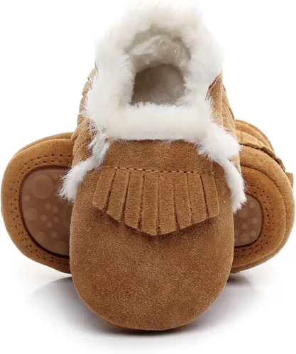 HONGTEYA Mocasines de bebé con suela de goma de forro polar de piel, botas de nieve cálidas, zapatos de bebé de cuero para niños y niñas