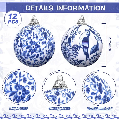 Miniatura 3 de Preboun 12 adornos de bola Chinoiserie de Navidad azules y blancos, decoración de árbol Chinoiserie, adornos colgantes de árbol de Navidad