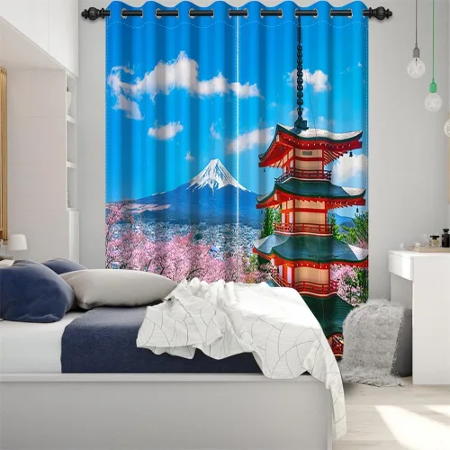 Miniatura 151 de Cortinas japonesas con pintura de tinta, monte Fuji, sol rojo, puesta de sol, hojas de bambú, cortinas de ventana para dormitorio, sala de estar