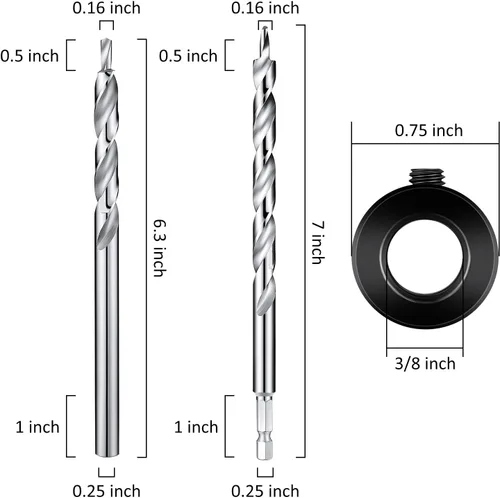 Miniatura 2 de 4 piezas de broca de orificio de bolsillo de 3/8 pulgada con collar de tope de profundidad, vástago hexagonal de 1/4 y vástago redondo de repuesto