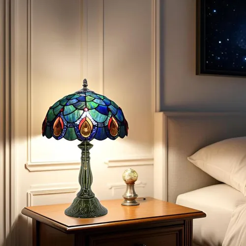 Miniatura 6 de Tiffany Lamp Stained Glass Table Lamps Sea Blue Peacock Tail Style Desk Lamp 12X12X18.5 Inch Bronze Ceramic Base Reading Light Suitable for Bedside