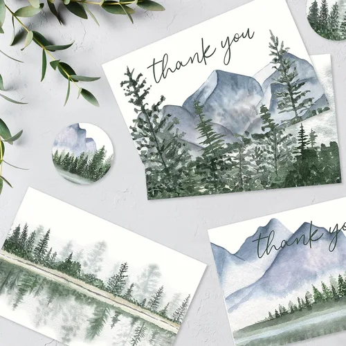 Miniatura 7 de AnyDesign Paquete de 36 tarjetas de agradecimiento de bosque de acuarela, montañas, paisaje, con sobres, calcomanías de bosque de montaña, tarjeta