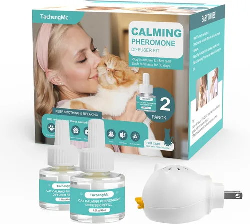 Difusor calmante para gatos, difusor calmante de feromonas para gatos con 1 difusor + 2 recambios de 1.6 fl oz, kit de difusor de feromonas para