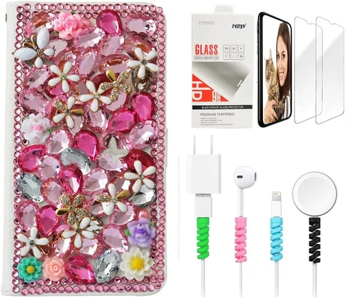 Miniatura 6 de Bling - Funda de piel con tapa para iPod Touch 5ª, 6ª y 7ª - Elegante - Diseño de flores en 3D - Funda de piel con protector de pantalla y protector