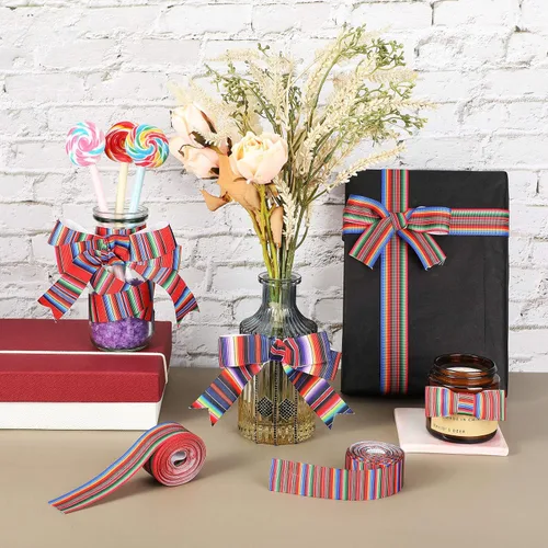 Miniatura 5 de WILLBOND 6 rollos de cintas de serape con rayas arcoíris mexicanas de 1 pulgada, cinta colorida de grogrén para fiestas, manualidades, decoración