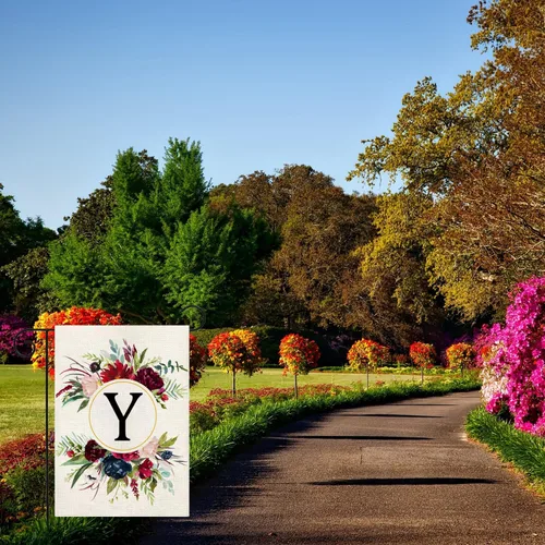 Miniatura 6 de Banderas de jardín con monograma con letra Y, bandera de jardín de verano de 12 x 18 pulgadas, banderas florales de doble cara para patio, bandera