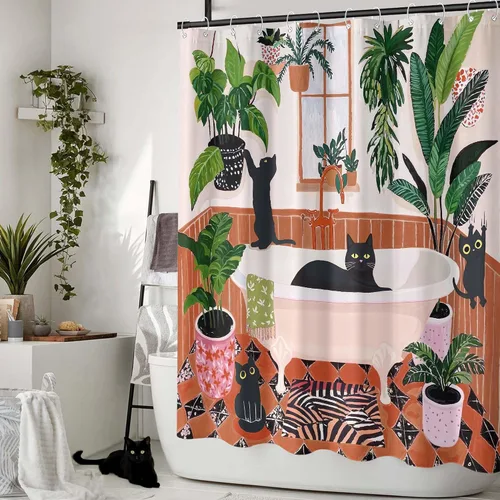 Miniatura 4 de Divertida cortina de ducha con diseño de gatos negros, estilo bohemio, bonita, divertida, para baño, gatito, verde, hojas tropicales, beige, marrón