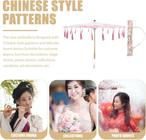 Miniatura 9 de Homoyoyo Sombrilla de tela con patrón de flores, sombrilla de tela de seda japonesa china con bolsa de borlas, kimono Hanfu, suministros de disfraz