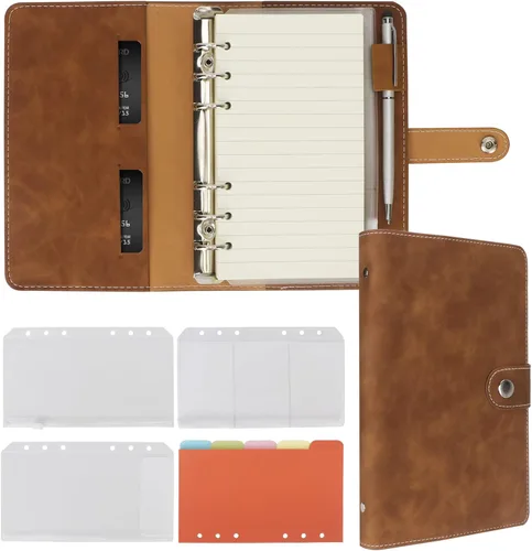 Miniatura 8 de FYY - Cuaderno de 6 anillos de piel sintética con bolsillos, divisores y papel de recarga, agenda de tamaño A5, color azul