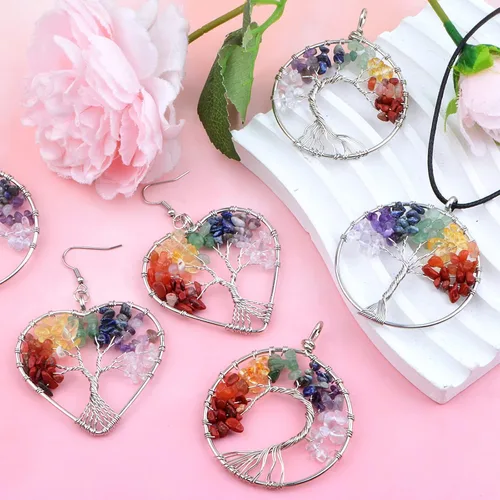 Miniatura 7 de 6 dijes de árbol de la vida, coloridos dijes de piedra natural de cristal natural para chakras, piedras preciosas positivas de cuarzo, dijes