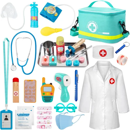 Sundaymot Kit médico para niños, juego de simulación de 34 piezas para niños pequeños, kit de médico para niños pequeños de 3 a 5 años, con bolsa