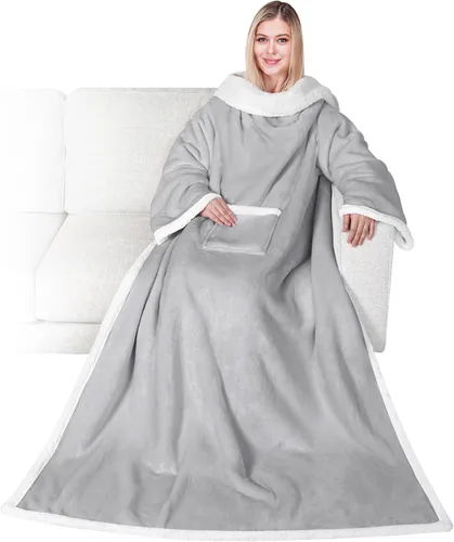 Miniatura 17 de PAVILIA Manta de forro polar con mangas para mujeres y hombres adultos, manta portátil cálida y suave, acogedora con bolsillo para abrazarse, manta