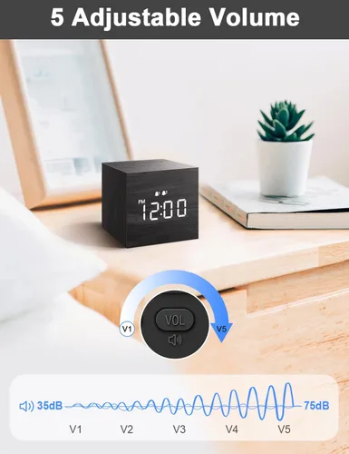 Miniatura 6 de JALL Reloj Despertador Digital, con Pantalla de Tiempo LED Electrónica de Madera, Alarma Dual, Relojes Eléctricos Pequeños Mini Cúbicos de Madera