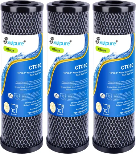 EXCELPURE Cartucho de filtro de agua de carbono CTO de 1 micrón de 10 x 2.5 pulgadas para toda la casa para sistema de encimera del hogar, Dupont