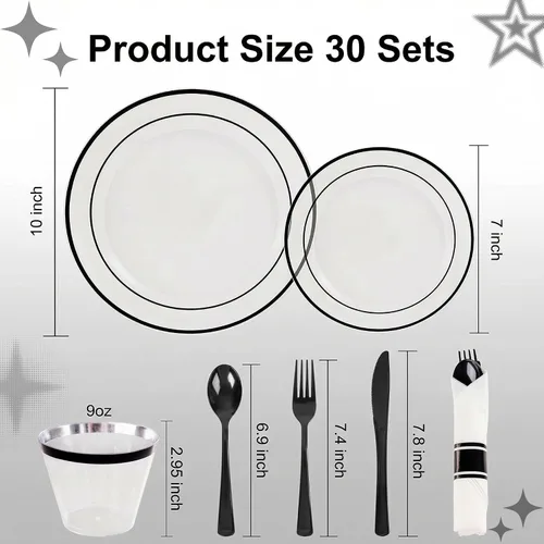 Miniatura 8 de I00000 El juego de vajilla de plástico negro de 210 piezas para 30 invitados incluye: 30 platos llanos, 30 platos de postre, 30 servilletas
