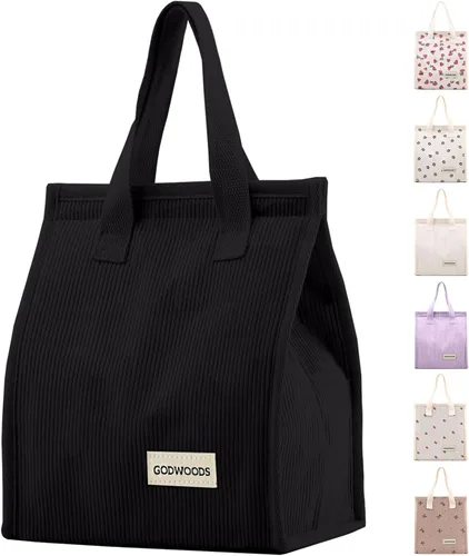 Miniatura 13 de TELLUMO Bolsa de almuerzo de corduroy para mujeres y hombres, linda bolsa de almuerzo con aislamiento y gran capacidad (7.5L), bolsa de almuerzo