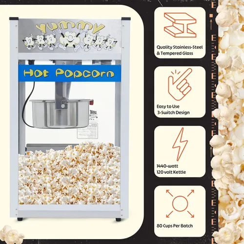 Miniatura 2 de Máquina de palomitas de maíz Pop Heaven - Caldero de acero inoxidable de 12 oz, bandeja de rechazo de granos, luz de calentamiento y accesorios