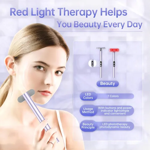 Miniatura 4 de Varita de terapia de luz, terapia de luz roja para cara y cuello, varita facial 7 en 1, varita de belleza LED roja y azul, rejuvenecimiento facial