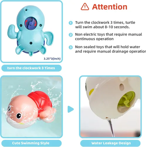 Miniatura 12 de LiKee Juguetes de baño, paquete de 3 con 3 colores, lindas tortugas de natación, juguetes de cuerda para bebés de 1 año en adelante, juguetes