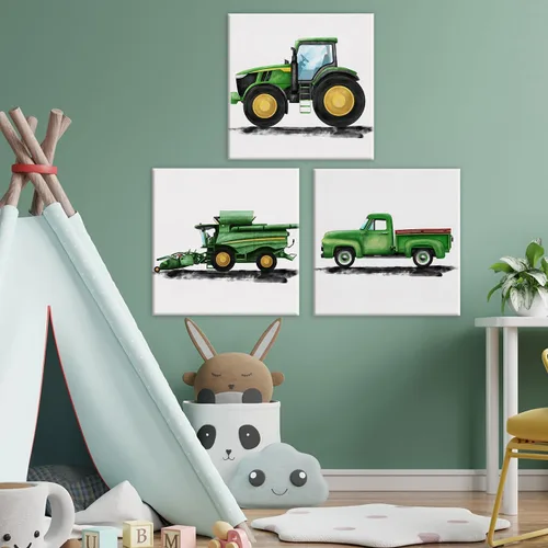 Miniatura 3 de Juego de 3 lienzos artísticos de tractores y vehículos agrícolas para cuarto de bebé, pinturas enmarcadas, impresiones de acuarela, viejos camiones