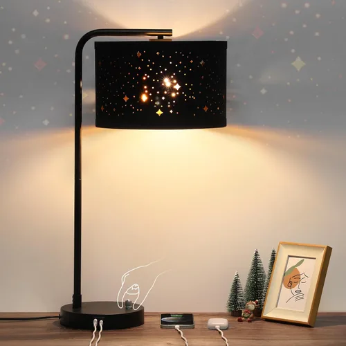 Miniatura 9 de Lámpara de mesita de noche Seaside village con puertos de carga USB C+A, lámpara de pie moderna de granja completamente regulable, lámpara de Roble