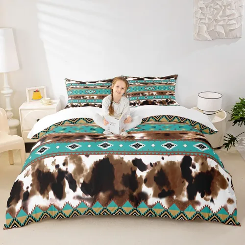 Miniatura 2 de Juego de ropa de cama de piel de vaca, funda de edredón con estampado de vaca de las tierras altas, tamaño individual, funda de edredón tribal