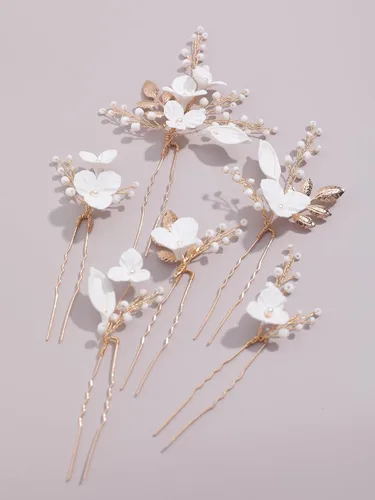Miniatura 4 de Horquillas de perlas con cuentas, 6 piezas, tocado de novia hecho a mano, flor 3D en forma de uña, hada, novia, piezas de cabello para boda, hoja